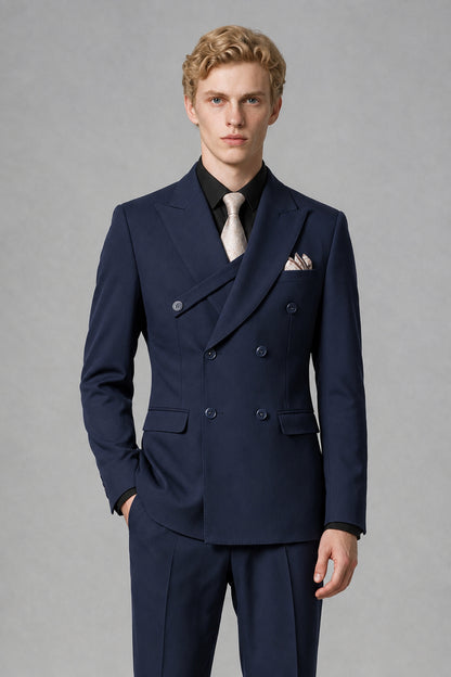 Savile Men's Navy Blue Double-Breasted Two-Piece Suit - Navy Blue