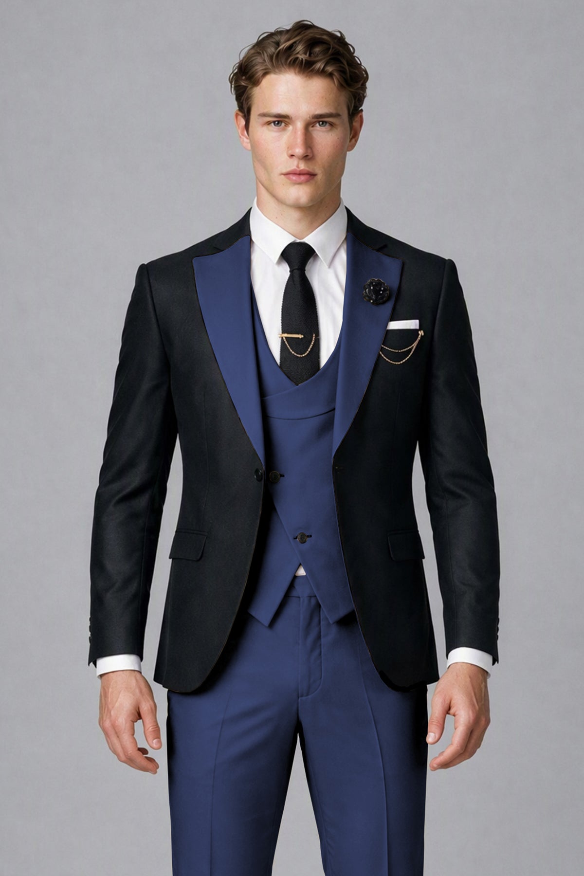 Savile Men's Black & Navy Blue Three-Piece Wedding Suit - Navy Blue