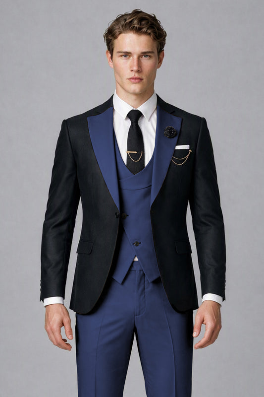 Savile Men's Black & Navy Blue Three-Piece Wedding Suit - Navy Blue