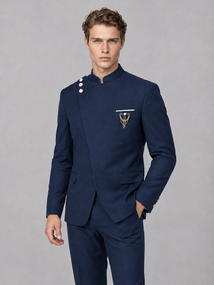 Savile Men's Navy Blue Mandarin Collar Asymmetrical 2-Piece Suit Set – Modern Jacket & Trousers - Navy Blue - Navy Blue_1