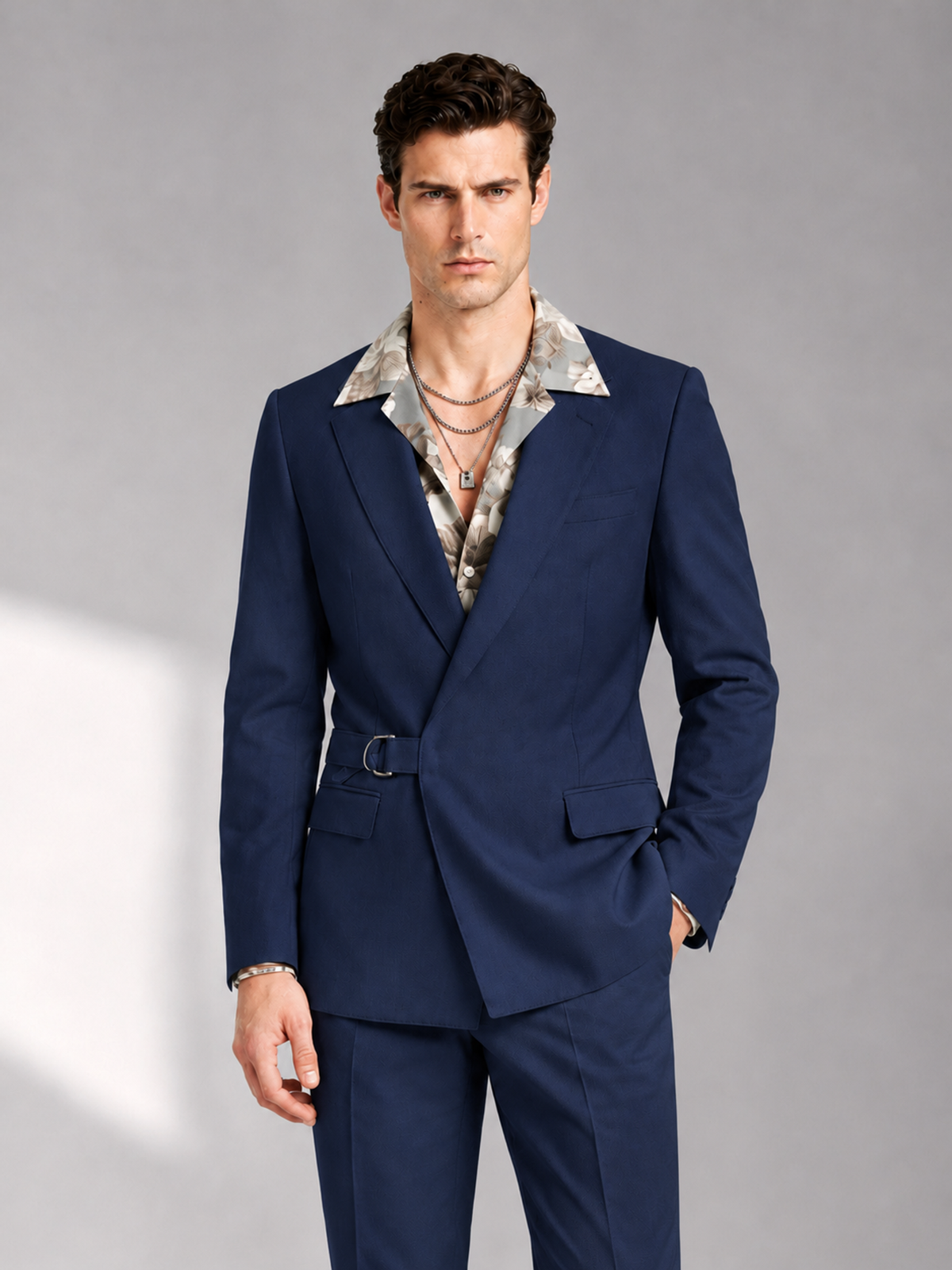 Savile Men's Navy Blue Belted Wrap 2-Piece Suit – Peak Lapel Blazer & Tailored Trousers - SUC060 - Navy Blue - Navy Blue_1