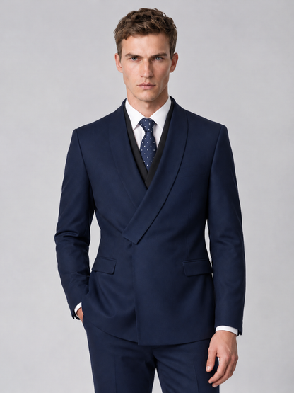 Savile Men's Navy Blue Wrap Shawl Lapel 2-Piece Suit Set – Modern Jacket & Trousers - Navy Blue - Navy Blue_1