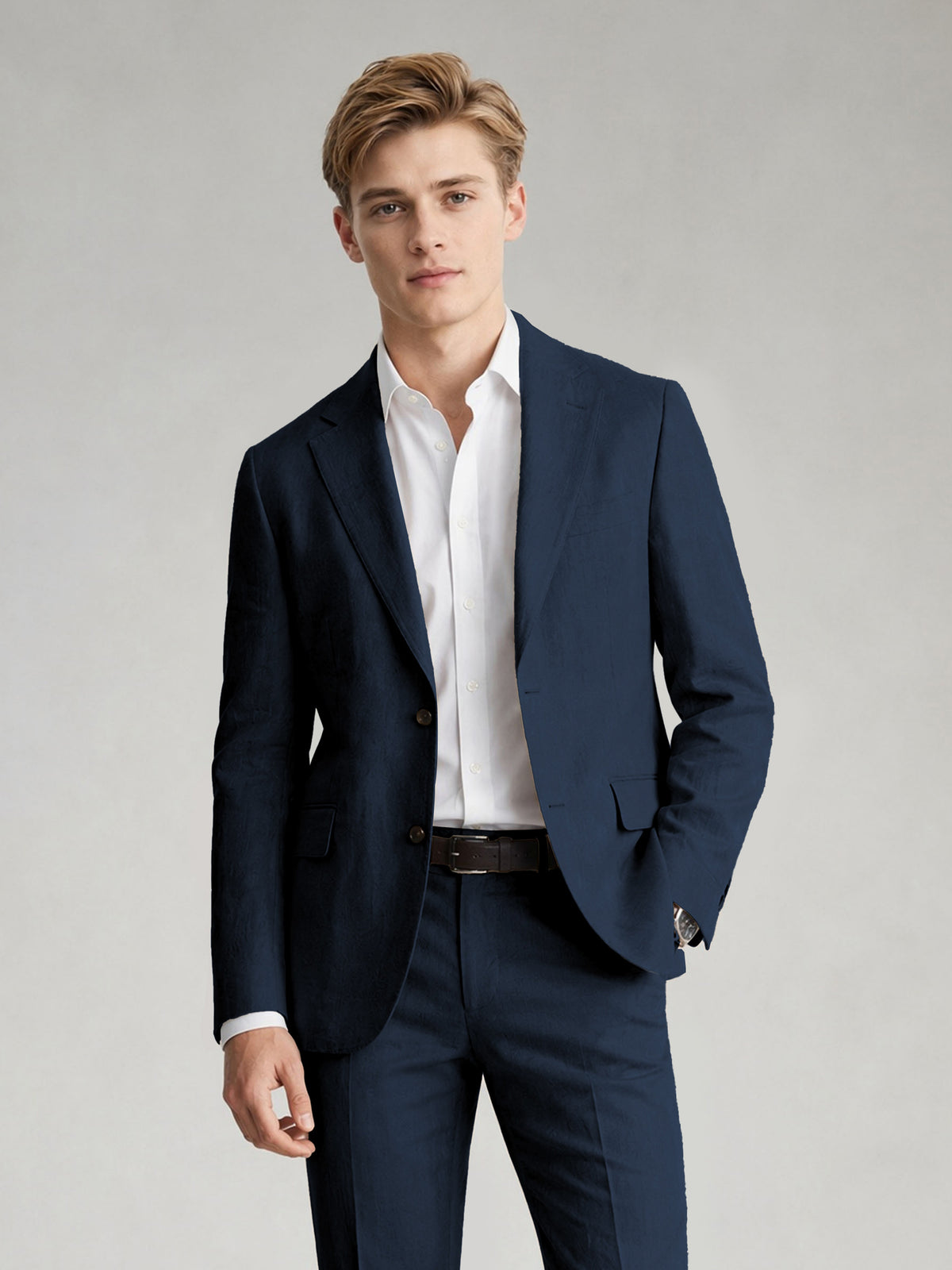 Savile Men's Sand Khaki Linen-Blend 2-Piece Suit Set – Two-Button Notch Lapel Slim-Fit Blazer & Slim Trousers - Navy Blue - Navy_Blue