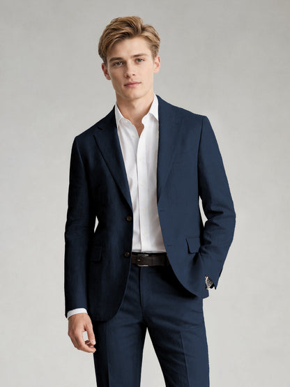 Savile Men's Sand Khaki Linen-Blend 2-Piece Suit Set – Two-Button Notch Lapel Slim-Fit Blazer & Slim Trousers - Navy Blue - Navy_Blue