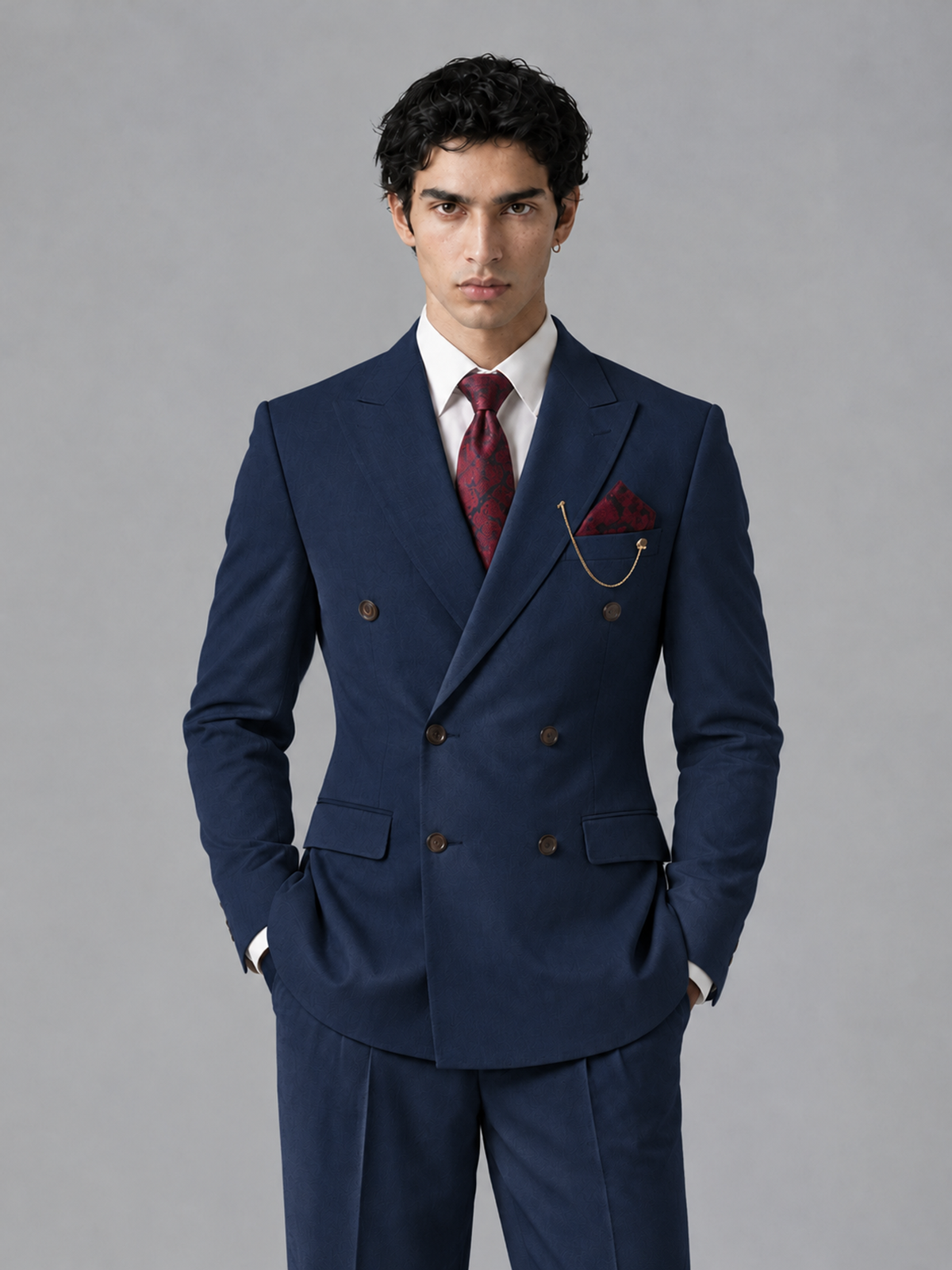 Savile Men's Navy Blue Double-Breasted 2-Piece Suit Set – Peak Lapel Blazer & Pleated Wide-Leg Trousers - Navy Blue - Navy Blue_1