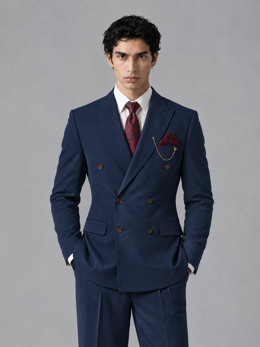 Savile Men's Navy Blue Double-Breasted 2-Piece Suit Set – Peak Lapel Blazer & Pleated Wide-Leg Trousers - Navy Blue - Navy Blue_1