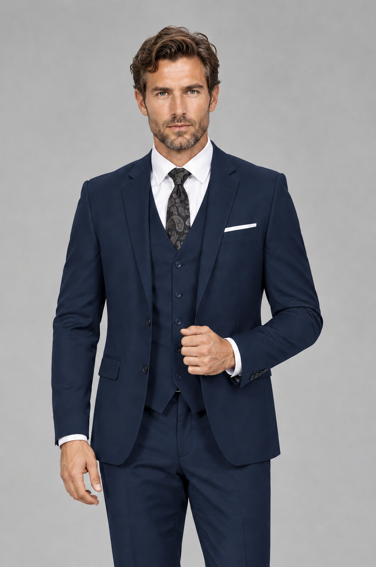 Savile Men's Navy Blue 3-Piece Suit Set – Notch Lapel Blazer, Vest & Trousers - Navy Blue - Navy_Blue_1