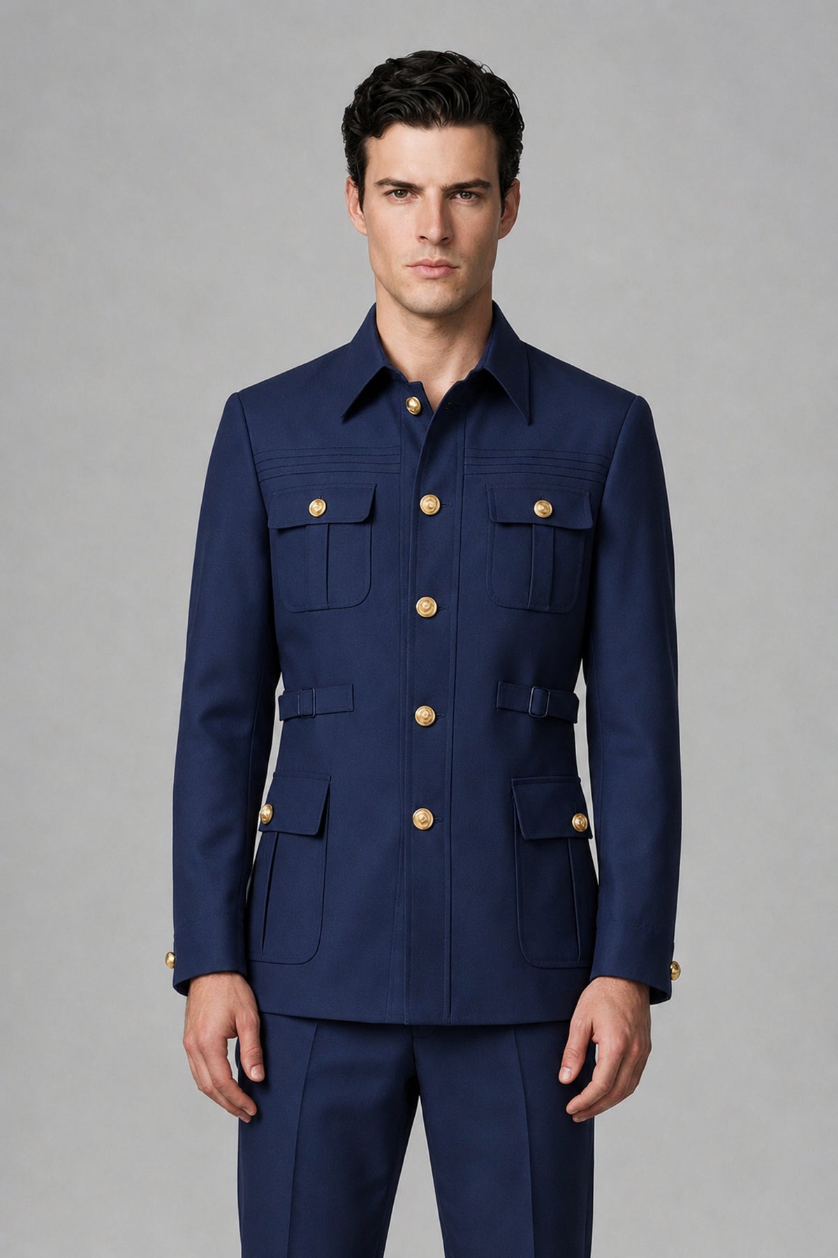 Savile Navy Blue Safari Jacket & Trousers Two-Piece Men's Suit - Navy Blue