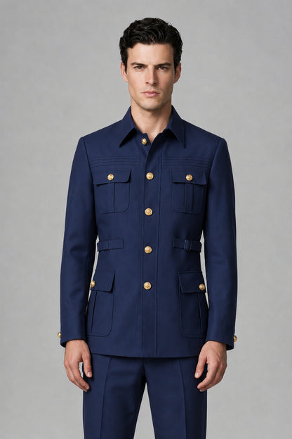 Savile Navy Blue Safari Jacket & Trousers Two-Piece Men's Suit - Navy Blue