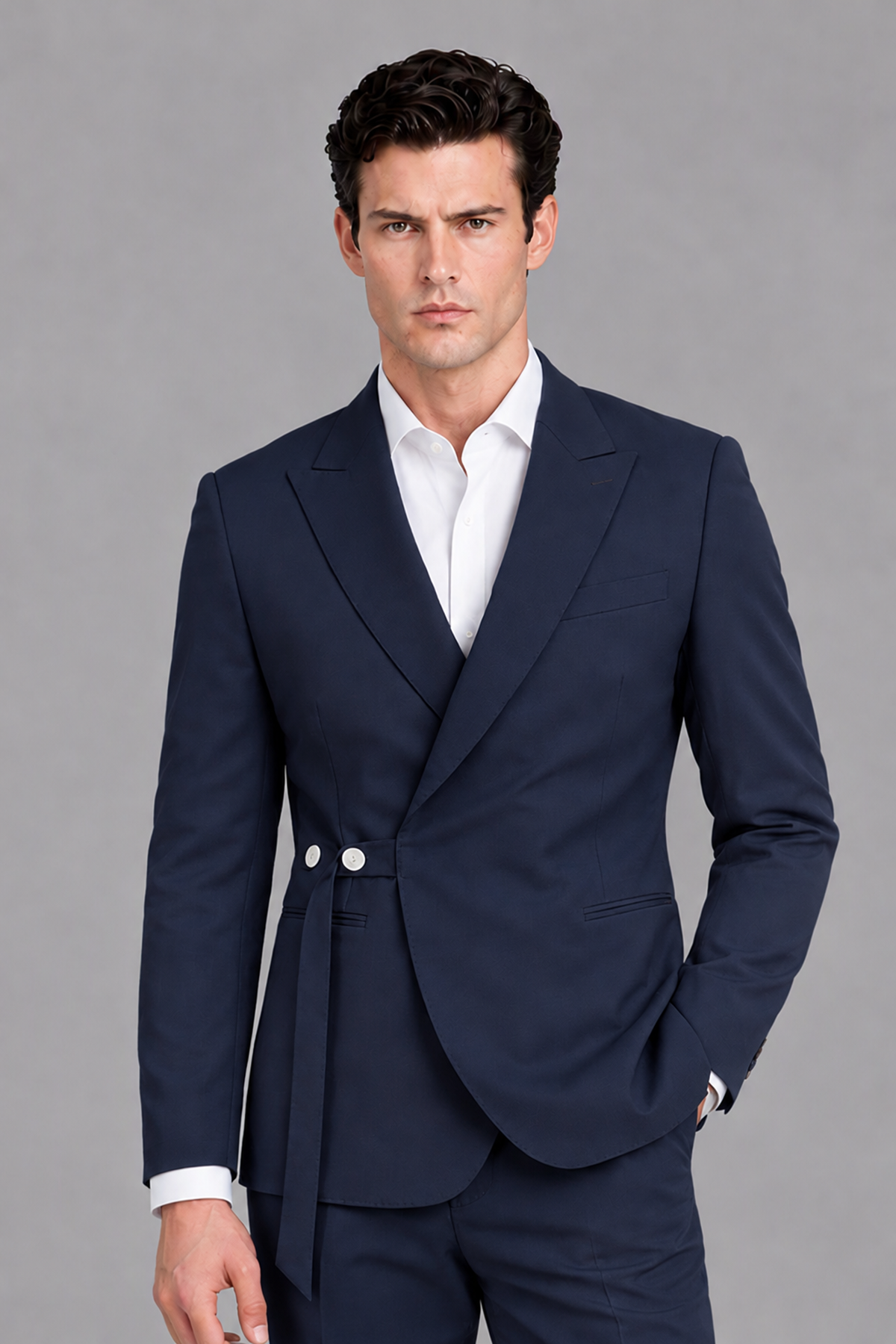Savile Men's Modern Navy Blue 2-Piece Wrap Suit Set – Peak Lapel Side-Button Blazer & Tailored Trousers - Navy Blue - Navy_Blue_1