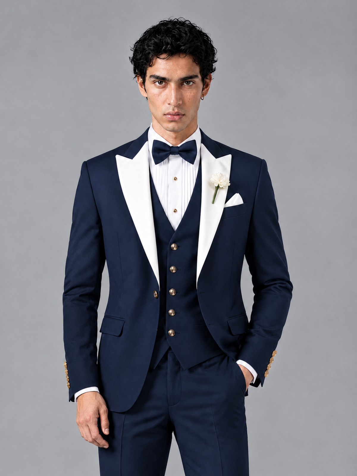 Savile Men's Navy Blue Contrast White Peak Lapel 3-Piece Tuxedo Suit - Navy_Blue