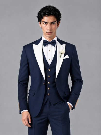 Savile Men's Navy Blue Contrast White Peak Lapel 3-Piece Tuxedo Suit - Navy_Blue