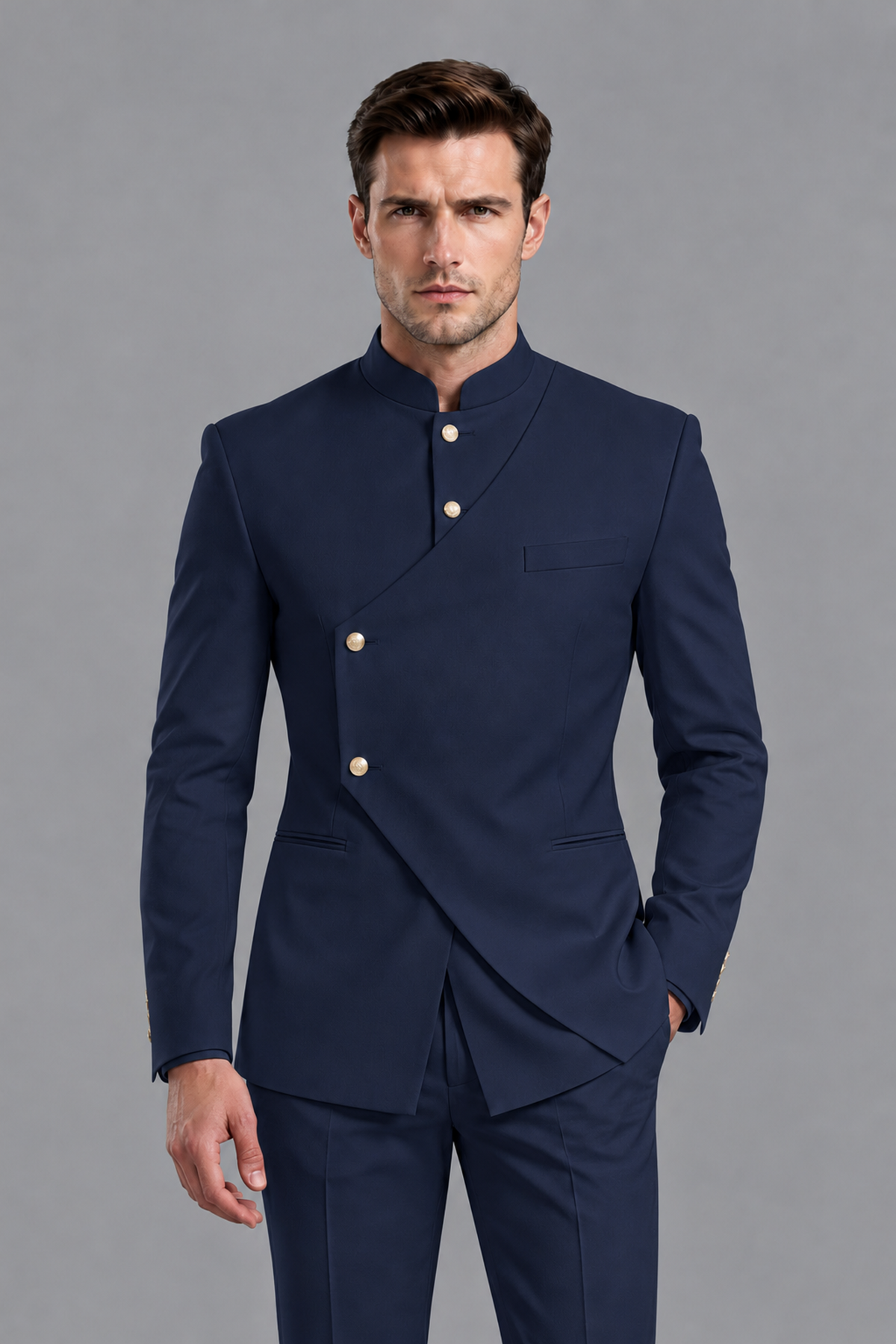 Savile Men's Navy Blue Asymmetrical Mandarin Collar Tuxedo Suit – Modern 2-Piece Gold Button Wedding, Prom & Gala Set - Navy Blue - Navy Blue_1