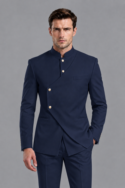 Savile Men's Navy Blue Asymmetrical Mandarin Collar Tuxedo Suit – Modern 2-Piece Gold Button Wedding, Prom & Gala Set - Navy Blue - Navy Blue_1