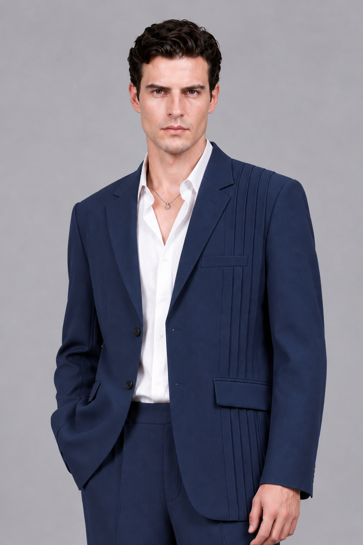 Savile Men's Navy Blue Pleated 2-Piece Suit Set | Notch Lapel Blazer & Tailored Trousers - Navy Blue - Navy Blue_1