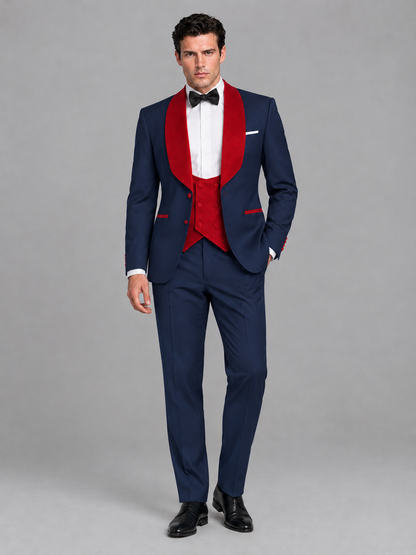 Savile Men's Navy Blue 3-Piece Tuxedo Suit Set – Contrast Red Shawl Lapel Blazer, Red Waistcoat & Trousers - SUC020 - Navy_Blue