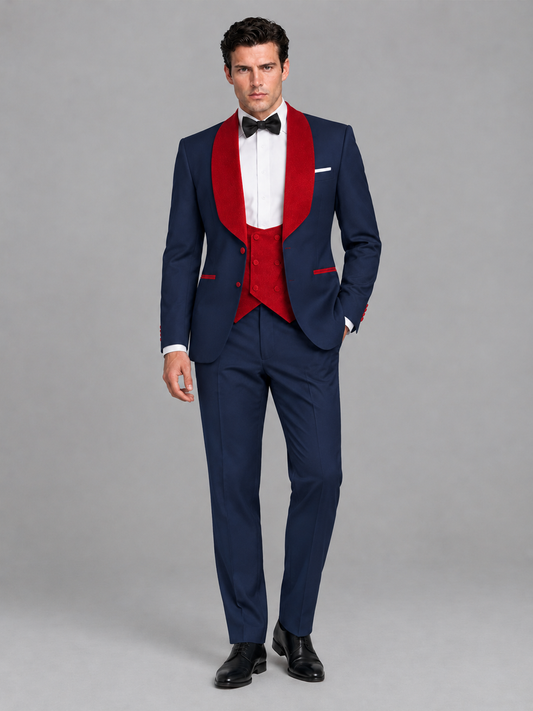 Savile Men's Navy Blue 3-Piece Tuxedo Suit Set – Contrast Red Shawl Lapel Blazer, Red Waistcoat & Trousers - SUC020 - Navy_Blue