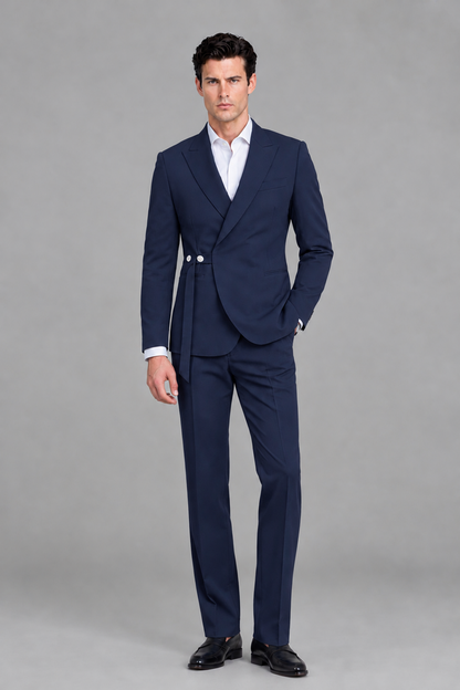 Savile Men's Modern Navy Blue 2-Piece Wrap Suit Set – Peak Lapel Side-Button Blazer & Tailored Trousers - Navy Blue - Navy_Blue_2