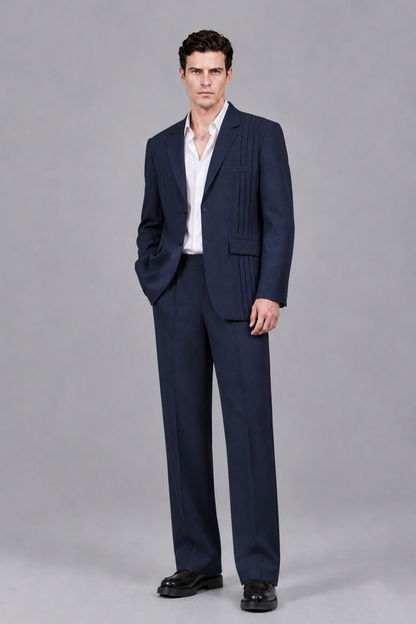 Savile Men's Navy Blue Pleated 2-Piece Suit Set | Notch Lapel Blazer & Tailored Trousers - Navy Blue - Navy Blue_2
