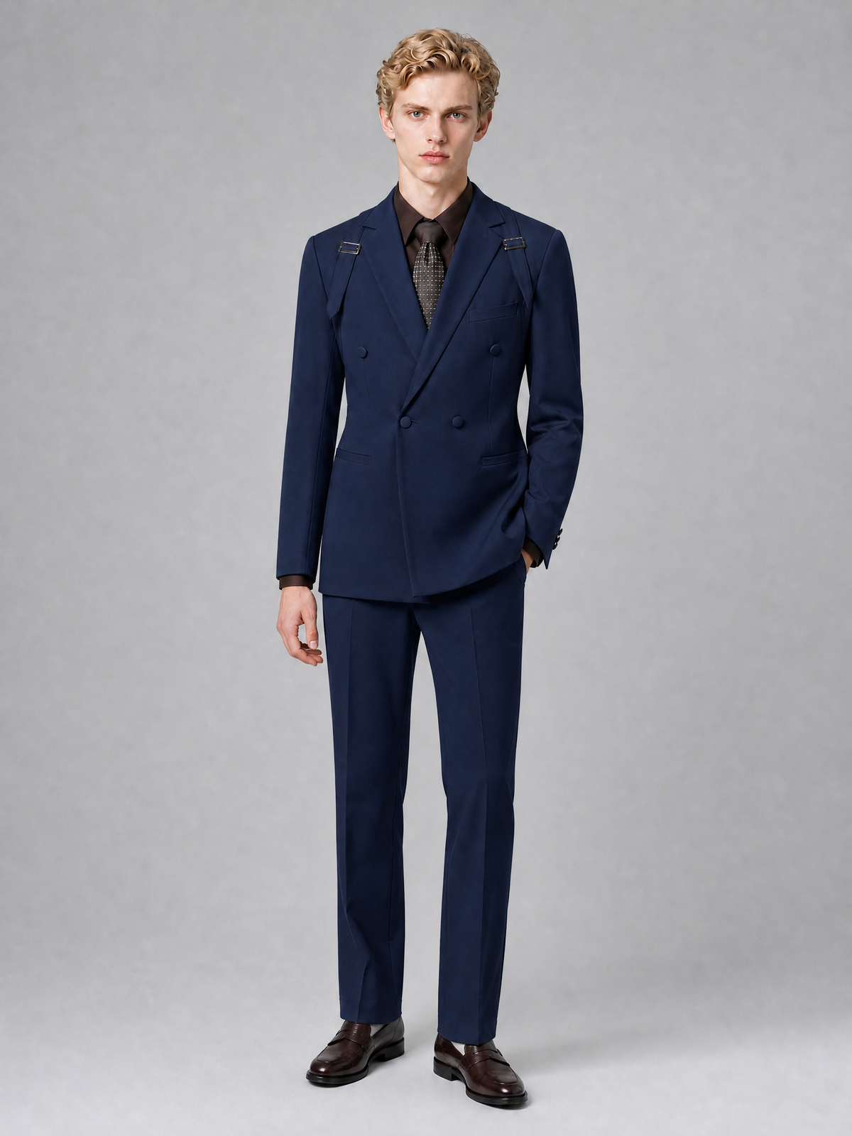 Men's Light Navy Blue Double-Breasted Slim Fit 2-Piece Suit – Peak Lapel Wedding & Business Formal Set - Navy Blue - Navy_Blue_2