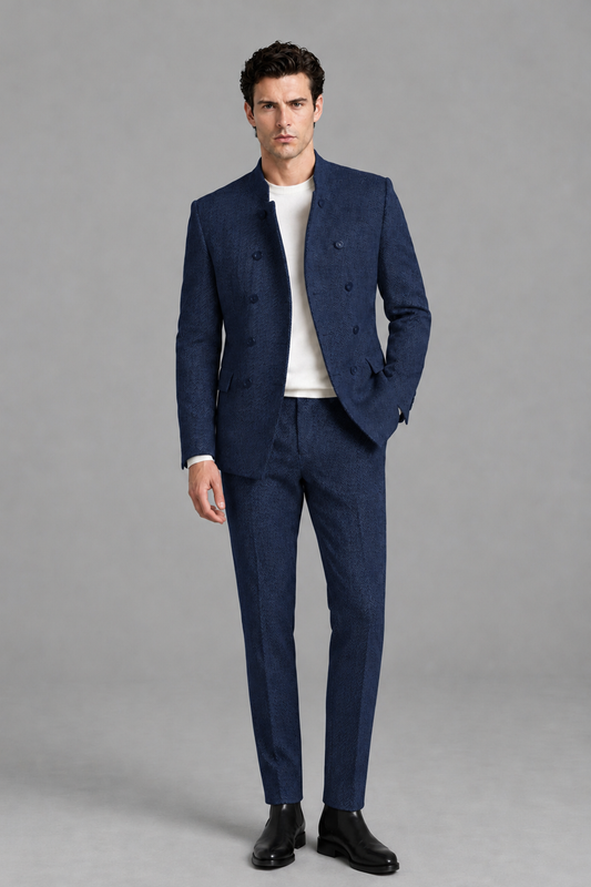 Savile Men's Navy Blue Stand Collar Double Breasted Slim Fit 2-Piece Suit Set – Jacket & Trousers | Wedding Gala Formal - Navy_Blue