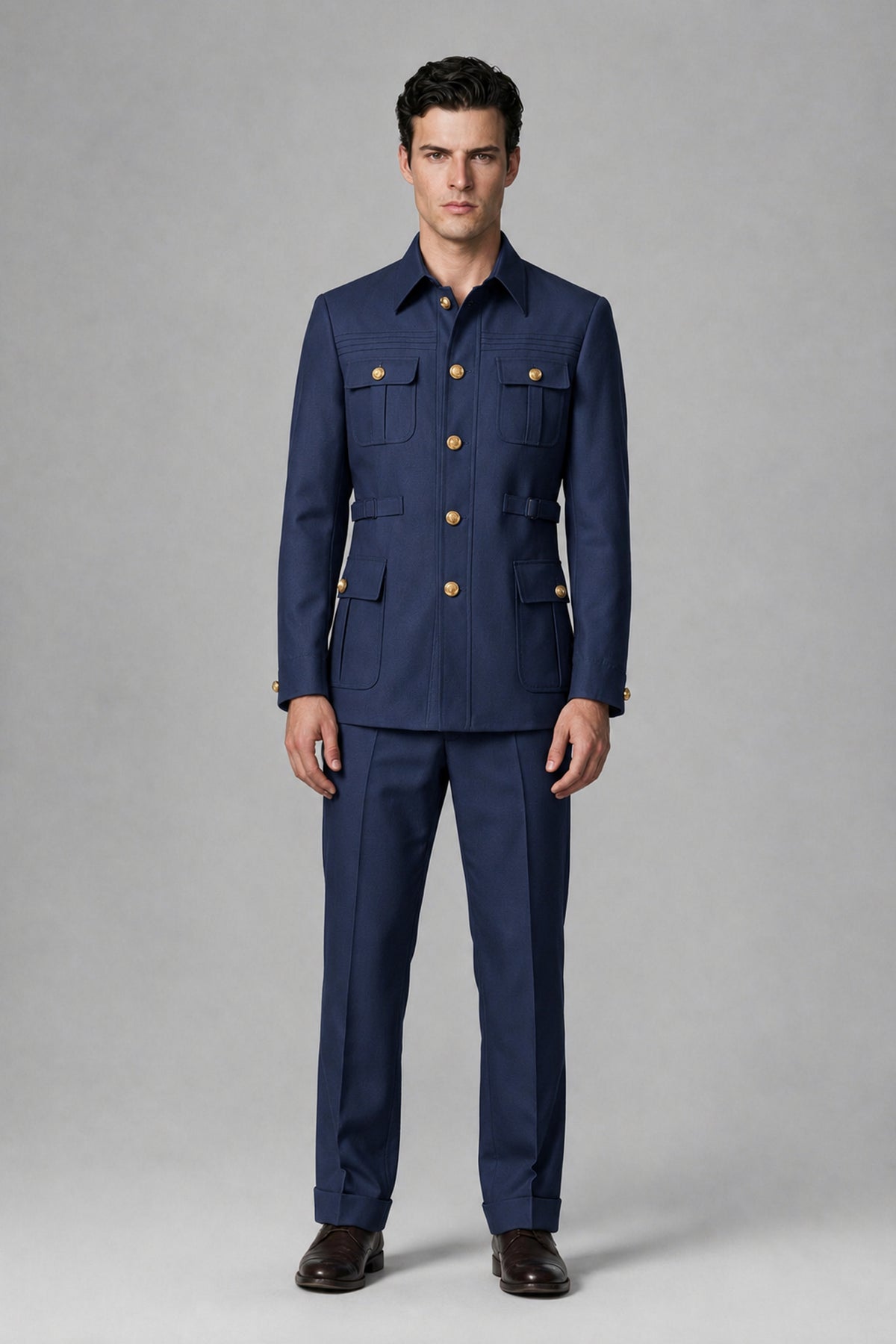 Savile Navy Blue Safari Jacket & Trousers Two-Piece Men's Suit - Navy Blue