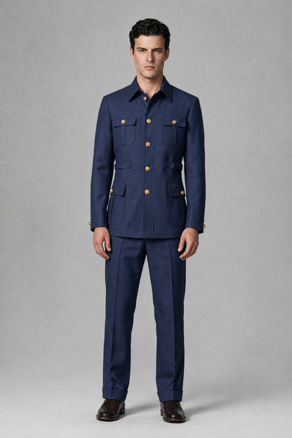 Savile Navy Blue Safari Jacket & Trousers Two-Piece Men's Suit - Navy Blue
