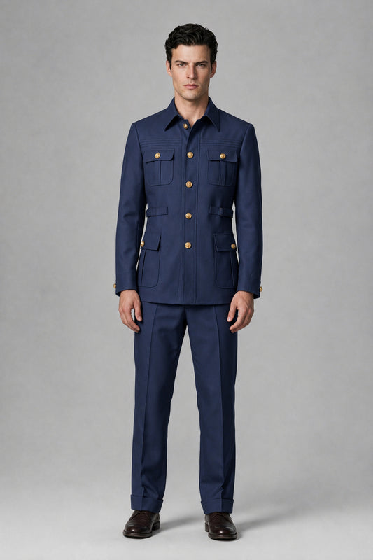 Savile Navy Blue Safari Jacket & Trousers Two-Piece Men's Suit - Navy Blue