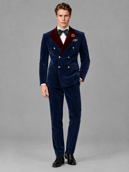 Savile Men's Navy Blue Velvet Double-Breasted 2-Piece Tuxedo Suit with Burgundy Peak Lapel - Navy_Blue
