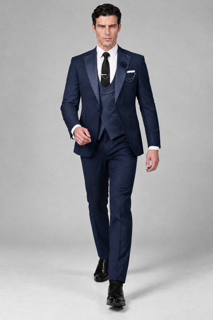 Savile Men's Navy Blue 3-Piece Tuxedo Suit – Contrast Silver Peak Lapel & Grey Vest Formal Set - Navy Blue - Navy Blue_2