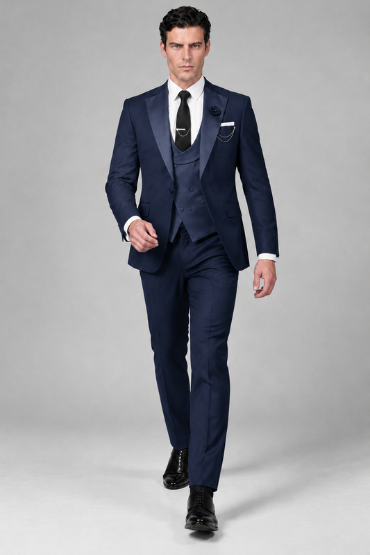 Savile Men's Navy Blue 3-Piece Tuxedo Suit – Contrast Silver Peak Lapel & Grey Vest Formal Set - Navy Blue - Navy Blue_2