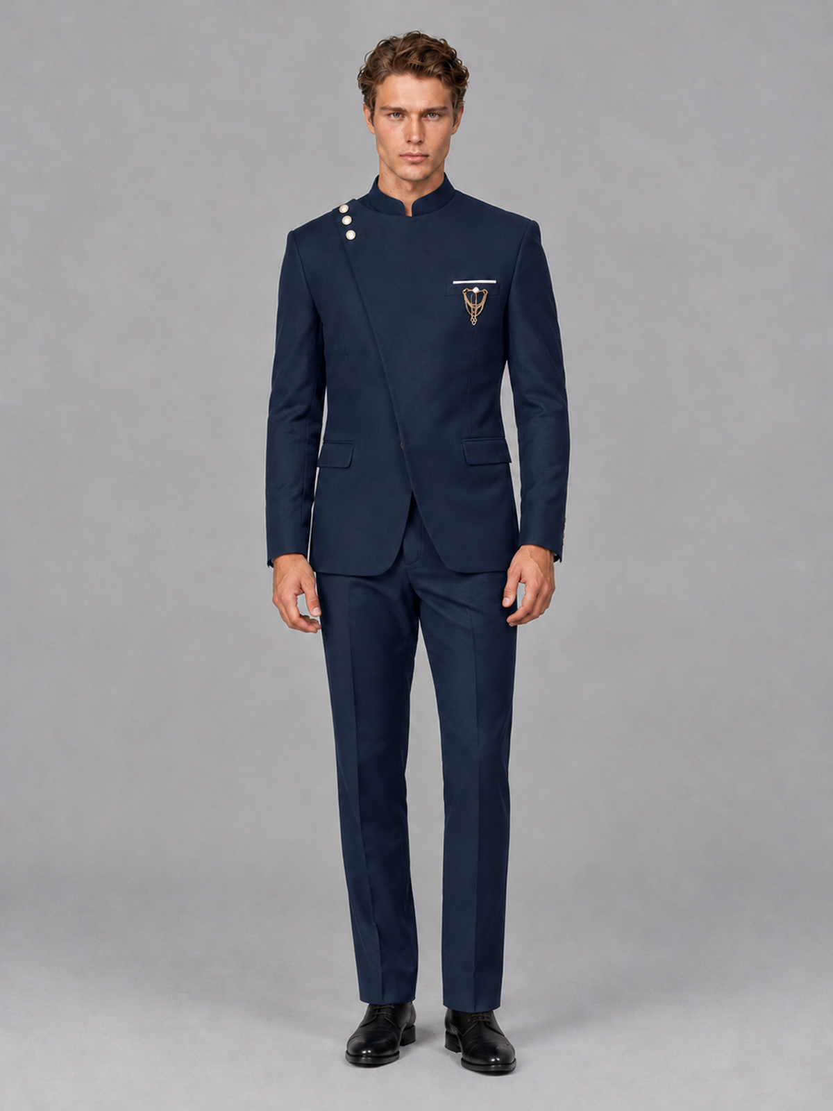Savile Men's Navy Blue Mandarin Collar Asymmetrical 2-Piece Suit Set – Modern Jacket & Trousers - Navy Blue - Navy Blue_2