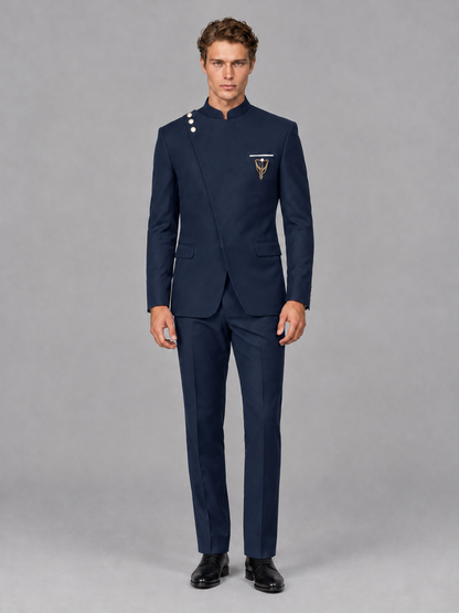 Savile Men's Navy Blue Mandarin Collar Asymmetrical 2-Piece Suit Set – Modern Jacket & Trousers - Navy Blue - Navy Blue_2