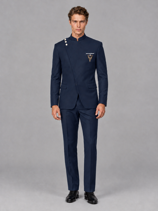 Savile Men's Navy Blue Mandarin Collar Asymmetrical 2-Piece Suit Set – Modern Jacket & Trousers - Navy Blue - Navy Blue_2