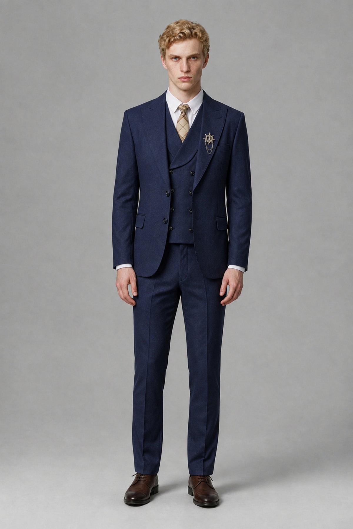Savile Men's Navy Blue Three-Piece Wedding Suit with Double-Breasted Waistcoat - Navy Blue