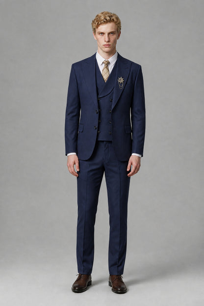 Savile Men's Navy Blue Three-Piece Wedding Suit with Double-Breasted Waistcoat - Navy Blue