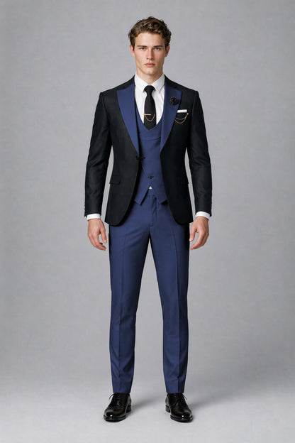 Savile Men's Black & Navy Blue Three-Piece Wedding Suit - Navy Blue