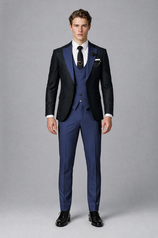 Savile Men's Black & Navy Blue Three-Piece Wedding Suit - Navy Blue