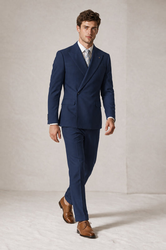 Savile Men's Navy Blue Double-Breasted Slim Fit 2-Piece Suit Set – Peak Lapel Blazer & Cuffed Trousers | Wedding Prom Formal - Navy Blue