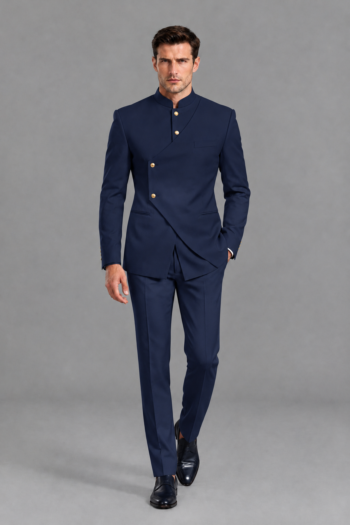 Savile Men's Navy Blue Asymmetrical Mandarin Collar Tuxedo Suit – Modern 2-Piece Gold Button Wedding, Prom & Gala Set - Navy Blue - Navy Blue_2