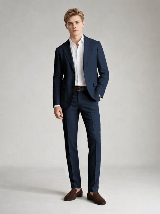 Savile Men's Sand Khaki Linen-Blend 2-Piece Suit Set – Two-Button Notch Lapel Slim-Fit Blazer & Slim Trousers - Navy Blue - Navy_Blue