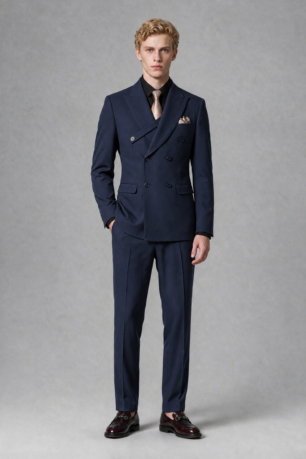 Savile Men's Navy Blue Double-Breasted Two-Piece Suit - Navy Blue