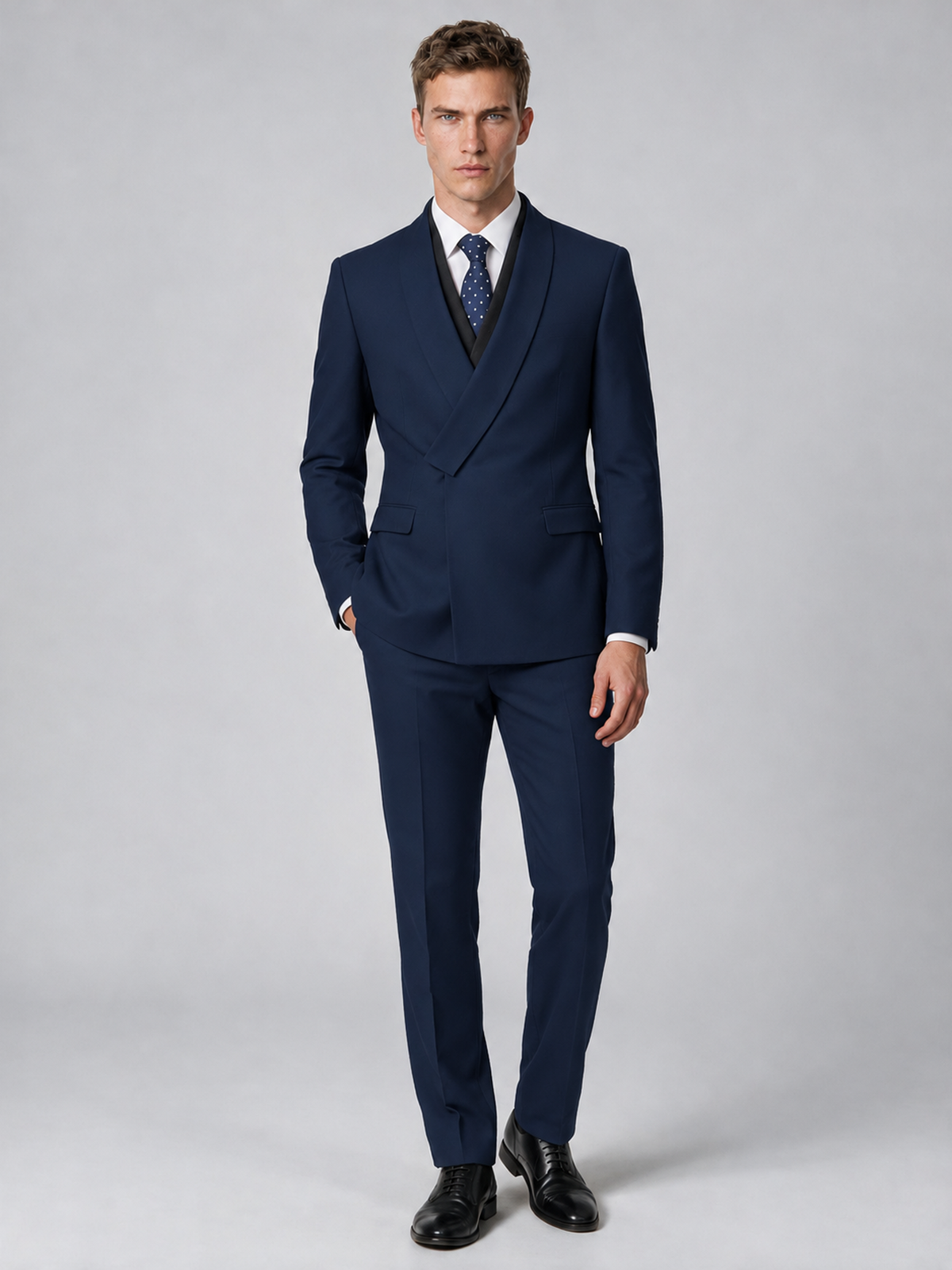 Savile Men's Navy Blue Wrap Shawl Lapel 2-Piece Suit Set – Modern Jacket & Trousers - Navy Blue - Navy Blue_2
