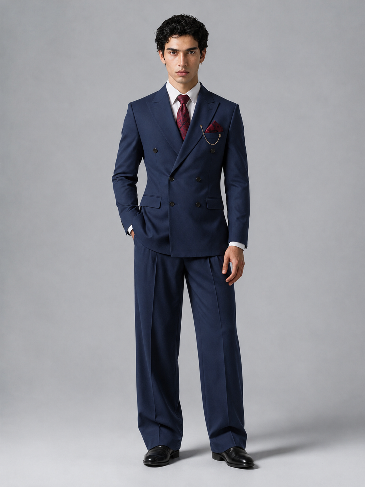 Savile Men's Navy Blue Double-Breasted 2-Piece Suit Set – Peak Lapel Blazer & Pleated Wide-Leg Trousers - Navy Blue - Navy Blue_2