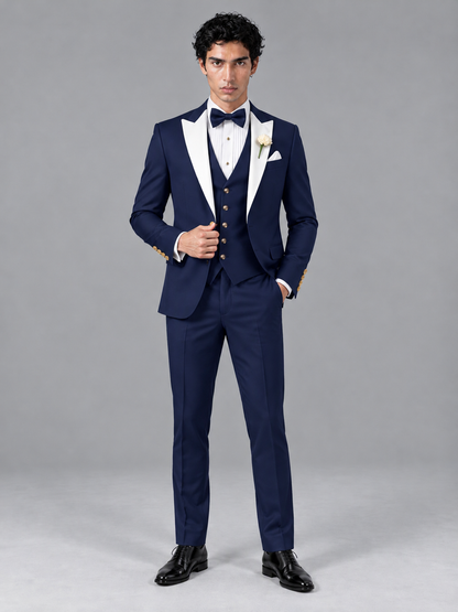 Savile Men's Navy Blue Contrast White Peak Lapel 3-Piece Tuxedo Suit - Navy_Blue