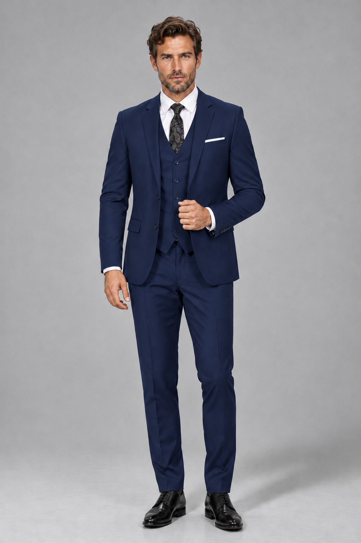 Savile Men's Navy Blue 3-Piece Suit Set – Notch Lapel Blazer, Vest & Trousers - Navy Blue - Navy_Blue_2