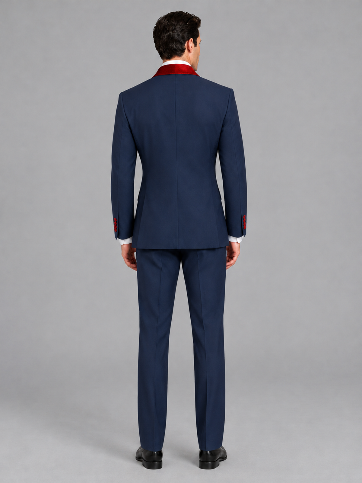 Savile Men's Navy Blue 3-Piece Tuxedo Suit Set – Contrast Red Shawl Lapel Blazer, Red Waistcoat & Trousers - SUC020 - Navy_Blue