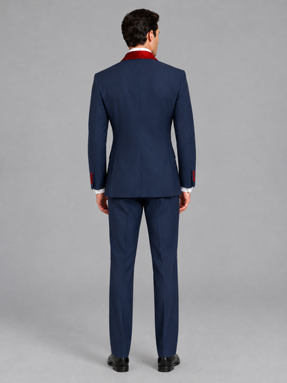 Savile Men's Navy Blue 3-Piece Tuxedo Suit Set – Contrast Red Shawl Lapel Blazer, Red Waistcoat & Trousers - SUC020 - Navy_Blue