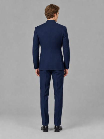 Savile Men's Navy Blue Mandarin Collar Asymmetrical 2-Piece Suit Set – Modern Jacket & Trousers - Navy Blue - Navy Blue_3
