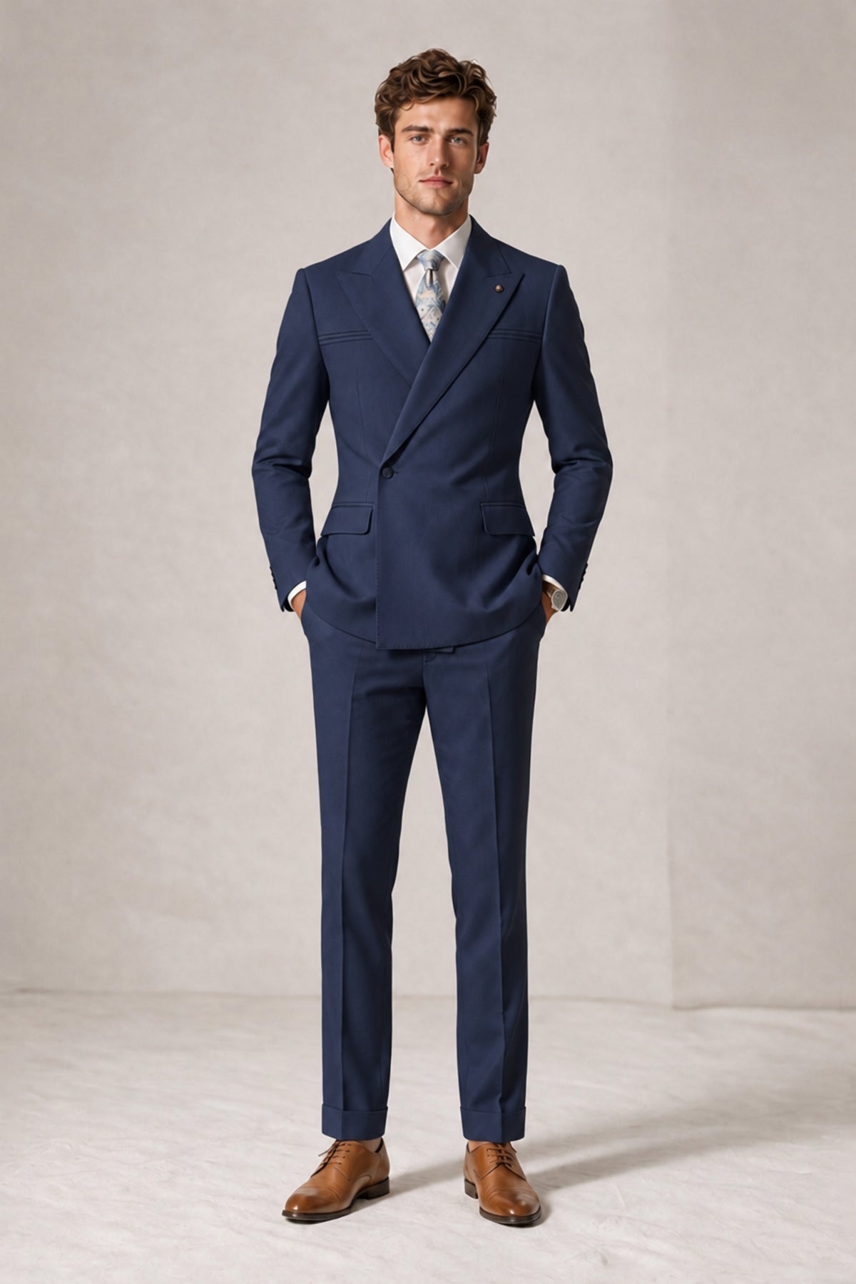 Savile Men's Navy Blue Double-Breasted Slim Fit 2-Piece Suit Set – Peak Lapel Blazer & Cuffed Trousers | Wedding Prom Formal - Navy Blue